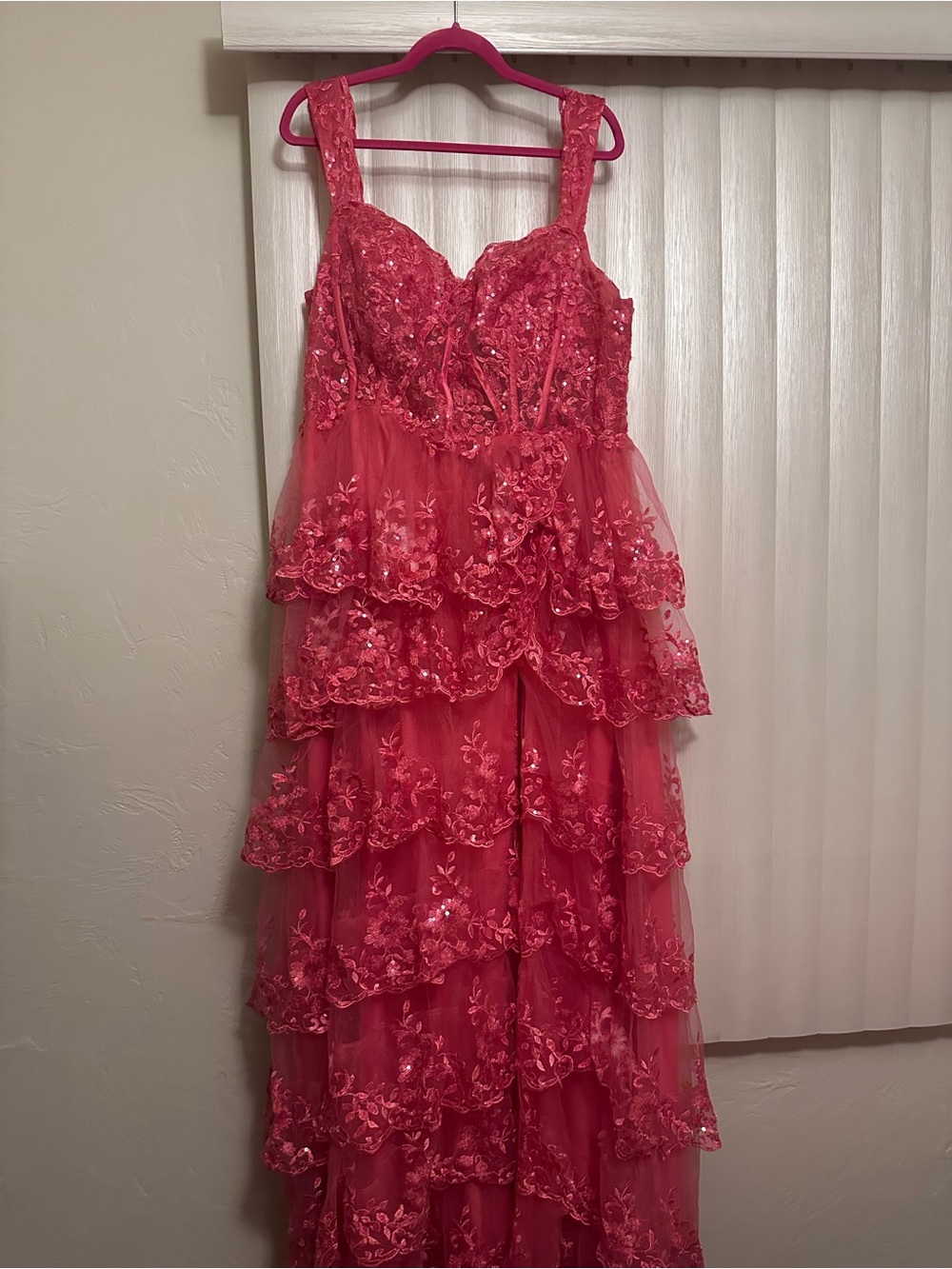 Pink Tiered Lace & Tulle Prom Dress